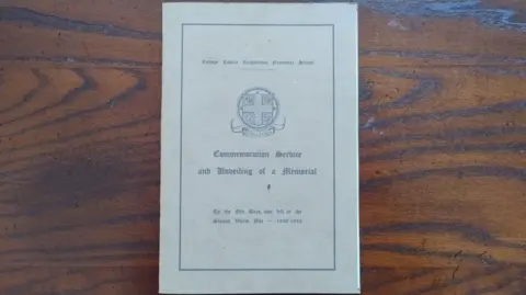 David Chadwick The front cover of the order of service from 1949 which has the words Commemoration Service and Unveiling of a Memorial 