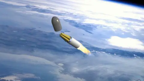 EPA A frame grab take from a handout video footage provided by official website of Russian President kremlin.ru shows the launch of Russian Sarmat strategic missile demonstrated on displays during Russian President Vladimir Putin's address to the Federal Assembly at the Manezh Central Exhibition Hall in Moscow.