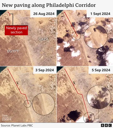 four satellite images showing the construction of the paved road along the philadelphi corridor between 26 august and 5 sep