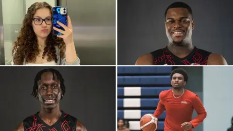 Essex Police, Essex Rebels Basketball, TikTok (Clockwise from top left) Eva Darold-Tchikaya looking at her phone in front of her face, TJ Hibbert in his basketball top for a team portrait, Makyle Bayley in red clothing bouncing a basketball on court, and Daljang Wol, also in his basketball kit in a team portrait