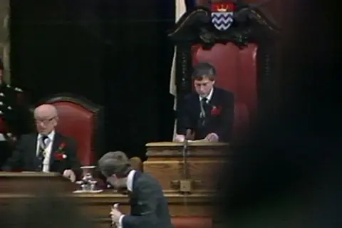 GLC coat of arms seen above the speaker's chair in County Hall