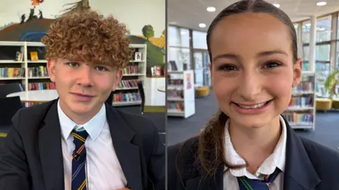 Amy Garcia/BBC School pupils Declan and Lucia pictured in the library at Appleton Academy