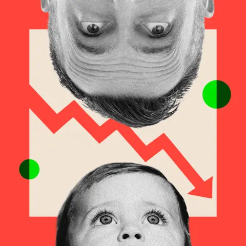 BBC A treated image showing the upper half of a man's face, upside down, gazing downward toward a baby's partially visible face. In the background, a sloping line indicates a decline.