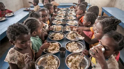 Getty Images Schoolchildren from Ankileisoke Primary School eat lunch, offered by the World Food Programme's Under-nutrition Prevention Programme, in the Amboasary-South district of southern Madagascar, on December 14, 2018.