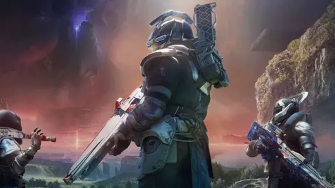 Bungie An artistic, painting-like image of a soldier-type character dressed in futuristic armour holding a large, rifle-style gun. Two similarly dressed characters stand at either side and a foreboding sky with swirling red clouds looms over the green landscape below.