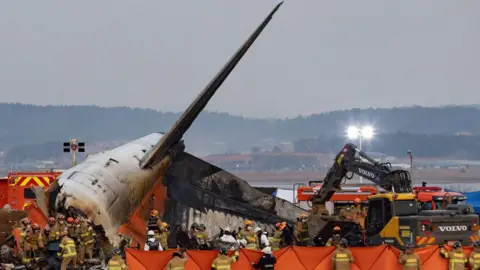 Fire authorities search for the missing and recover the deceased at the site of an accident near Muan International Airport in Jeollanam-do, South Korea