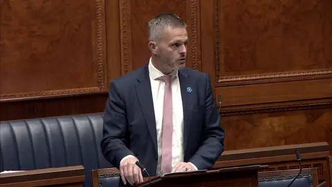 Northern Ireland Assembly A man with short grey hair and grey beard, stood in the NI Assembly chamber. It has dark wooden panel walls and navy leather benches. The man is wearing a navy blazer, white shirt and pink tie, on his feet delivering a statement.