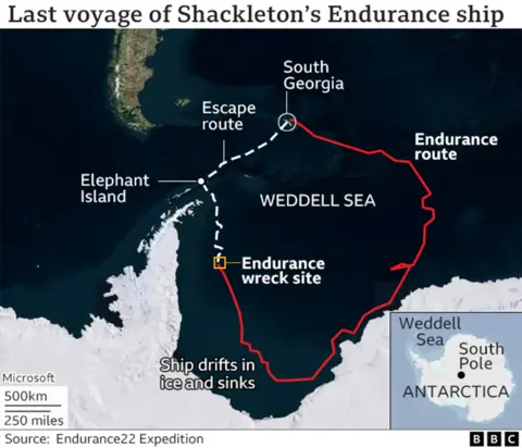 Map of the Antarctic showing the position of the wreck