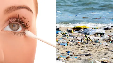Getty Images A woman with a cotton bud and some plastic on a beach