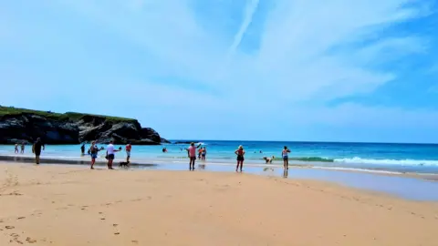 Weather Watchers/Pauline A group of people on the beach, it is a sunny day with a blue waves rolling in gently.