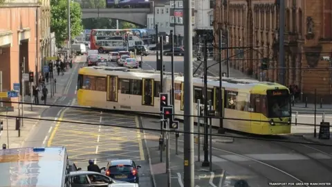 Transport for Greater Manchester Tram outside Manchester Piccadilly station
