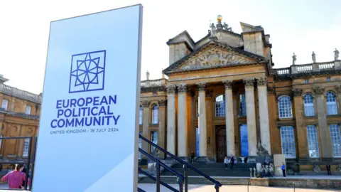 Getty Images A general view of Blenheim Palace, with a banner saying "European Political Community"