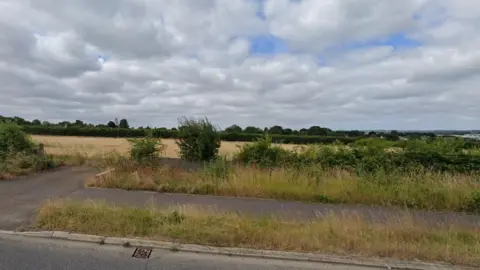 A field in the countryside where the 187 homes will be built. The field is surrounded with green bushes and long hedges.