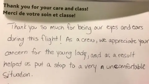 Joanna Chiu Cabin crew gave this appreciative note to journalist Joanna Chiu after she intervened on behalf of a harassed teenager