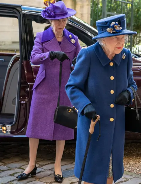 Getty Images Britain's Queen Elizabeth II (R) and Britain's Princess Anne, Princess Royal (L) arrive to attend a Service of Thanksgiving to mark the Centenary of the Royal British Legion at Westminster Abbey in London on October 12, 2021.