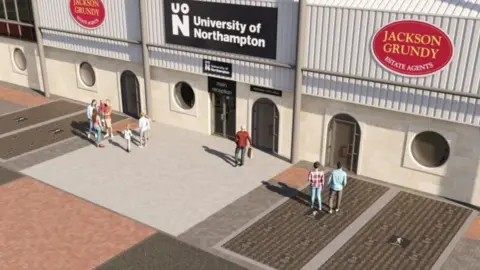 An animated artist impression of how the fan stones project will appear once complete, with people standing on them, walking into the ground.