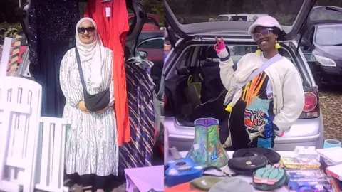 Paul Blakemore A splitscreen of two traders posing next to their stalls. Zaneb on the left is wearing a white dress, headscarf and sunglasses, while Juice on the right is wearing a white jacket and pink baseball cap.
