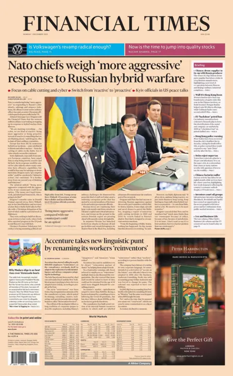 "Nato chiefs weigh 'more aggressive' response to Russian hybrid warfare reads the headline on the front page of the Financial Times.