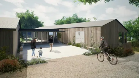 Cleeve Hill Golf Course Computer generated image of two people with a child and a cyclist heading towards the entrance of the refreshed Cleeve Hill Golf Course, a timber clad building with large windows. It has a paved and gravelled entrance and is surrounded by trees.