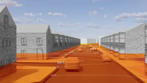 Cardiff University/Tsinghua University Shenzhen International School A computer-generated image of a residential street. All the houses are light grey and featureless while the bottom third over the picture is overlayed orange with solid and dotted white lines to indicate temperature differences that range from 23.0C to 24.0C