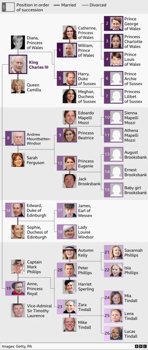 Infographic showing the British royal family order of succession from 1 to 25, arranged as a family tree. King Charles III is at the top. Prince William is first in line, followed by his children Prince George, Princess Charlotte and Prince Louis. Prince Harry is fifth, followed by his children Archie and Lilibet. Other branches show the lines of Andrew, Edward and Anne, with their children and grandchildren. Purple numbered boxes indicate succession rank, and lines show marriages and divorces
