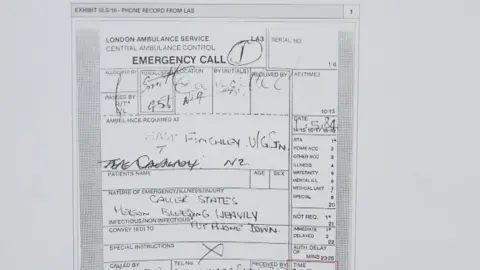Metropolitan Police A handwritten London Ambulance Service emergency call form from 1984. It records the location as East Finchley station, the caller stating a person was "bleeding heavily", the note "put phone down — no number given", and a time of 0027.