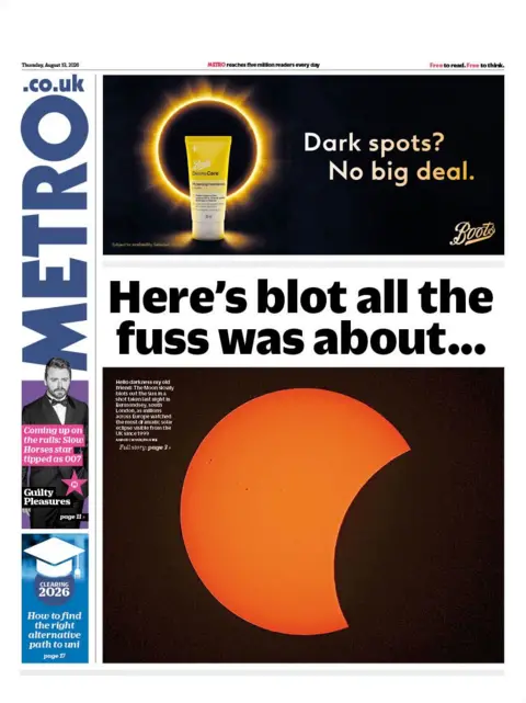 The headline on the front page of the Metro reads: "Here's blot all the fuss was about."