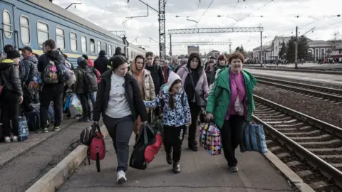 Getty Images Crowds at Kramatorsk station on 6 April