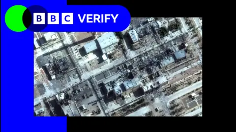 BBC Verify branded image showing a satellite picture a a damaged building at Mehrabad airport, Iran