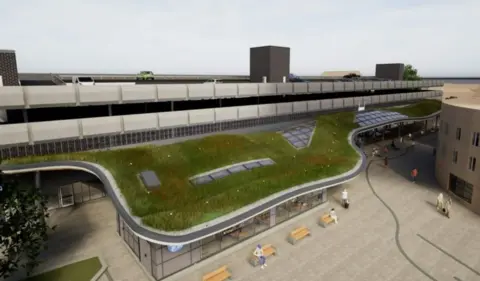 Kirklees Council An aerial view showing how the new bus station could have a green roof with plants, grass and benches