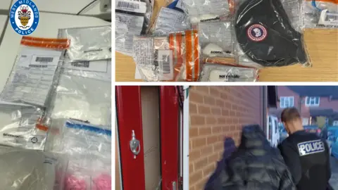 West Midlands Police The picture is presented as a three‑part collage with the West Midlands Police logo visible in the top-left corner. There is a table or desk is covered with several police evidence bags. A scene outside a brick house shows two individuals walking towards a doorway, accompanied by a police officer wearing a vest marked “POLICE”. The door is red, with visible scuff marks near the lock area, suggesting forced entry or attempted entry.