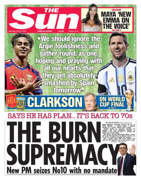 The headline on the front page of the Sun reads: 'The Burn Supremacy.'