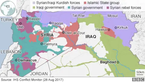 Map showing who controls different parts of Iraq and Syria, 2 Sept 2017