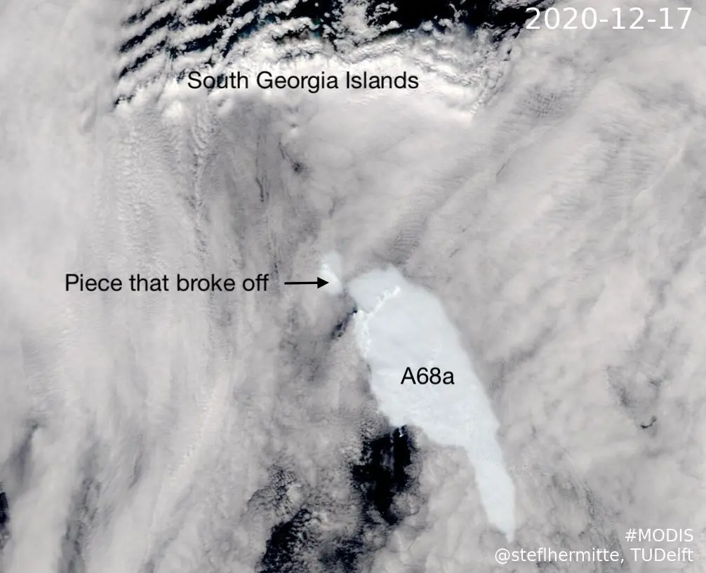Giant iceberg A68a prangs seabed and loses corner