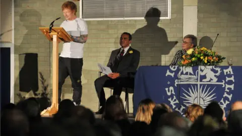 Thomas Mills High School Ed Sheeran giving a speech at Thomas Mills High School's awards ceremony