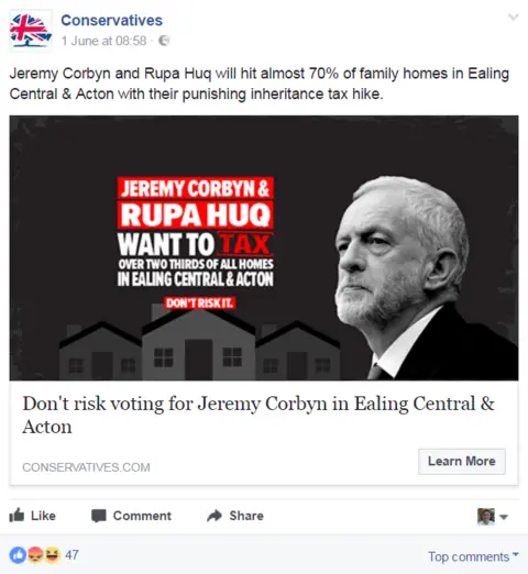 Facebook/Conservatives Conservative advert, saying: "Don't risk voting for Jeremy Corbyn in Ealing Central & Acton"