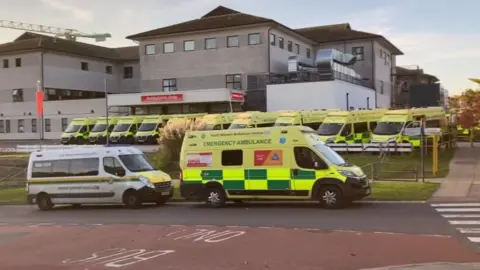 BBC Ambulances parked outside Royal Cornwall Hospital