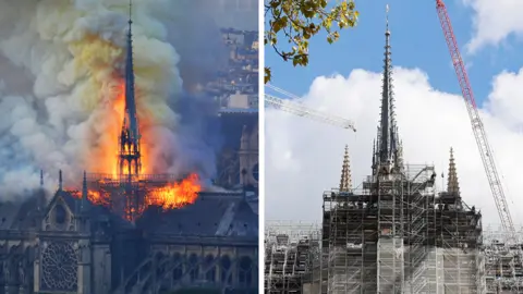 A before and after composite showing Notre Dame's tower burning in 2019 and the reconstruction effort on 10 April 2024