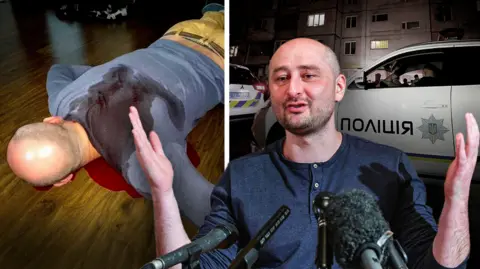 BBC The faked murder scene, and Arcady Babchenko alive afterwards