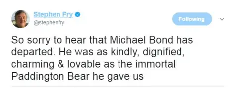 Twitter/@stephenfry "So sorry to hear that Michael Bond has departed. He was as kindly, dignified, charming & lovable as the immortal Paddington Bear he gave us"