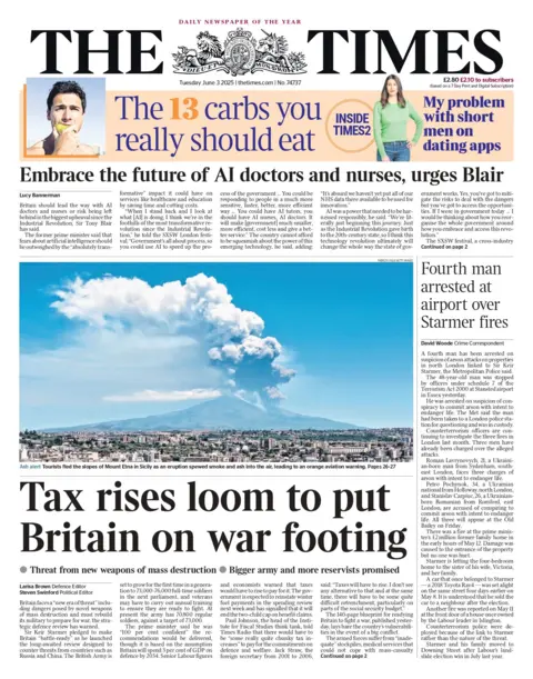 "Tax rises loom to put Britain on war footing" reads the headline on the front page of The Times.