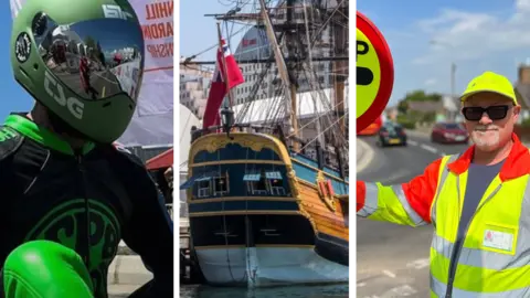 Three composite images. The first of a man in a helmet and green and black leathers; the second of an 18th Century ship and the final one of a lollipop man.