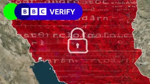 A graphic showing Iran on a map. The country is coloured red with a white padlock icon in the centre. Behind the padlock are several distorted white letters and characters. The BBC Verify logo is in the top left.