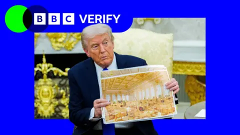 A composite image showing Donald Trump holding up a printed image next to the BBC Verify logo.