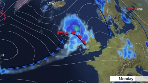 A deep area of low pressure approaches Northern Ireland and Scotland on Monday