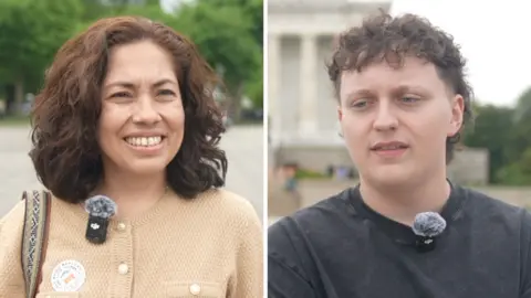 A split screen with a woman in cream shirt on the left and a man in black on the right.