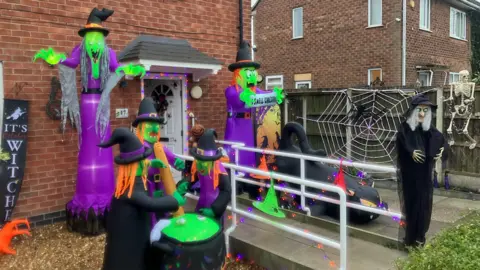 Photo of a house with Halloween decorations on Foxfield Road in Newall Green, Wythenshawe.