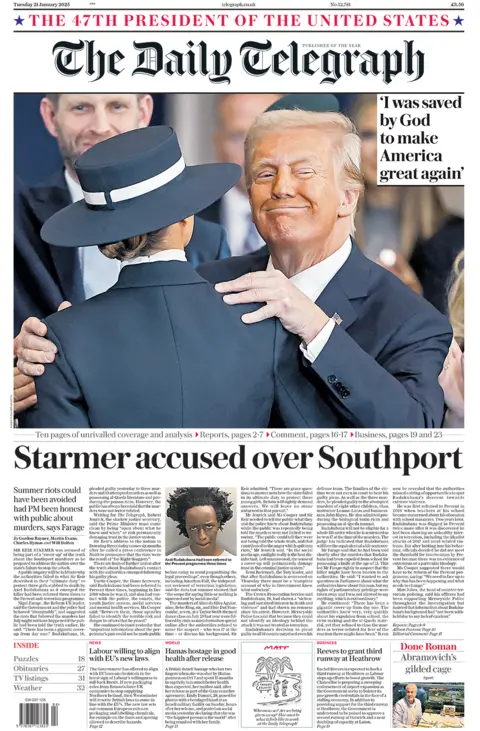 The headline in the Telegraph reads: "Starmer accused over Southport". 