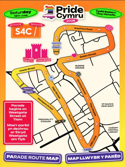 Pride Cymru The Pride Cymru parade route in a map