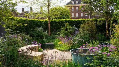 Julie Skelton, Down's Syndrome Scotland A garden with shrubs and flowers and a semi-circular bench